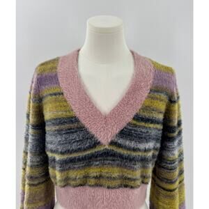 Sunday Best Aritzia Fuzzy Striped Cropped Sweater Pink Green Multi Small